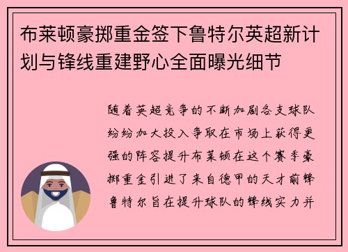 布莱顿豪掷重金签下鲁特尔英超新计划与锋线重建野心全面曝光细节